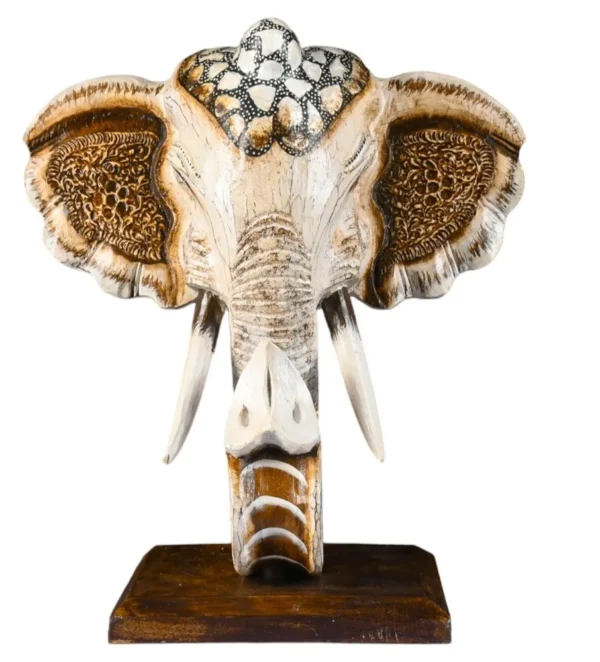 CABEÇA ELEFANTE BRANCO COM BASE - 45cm