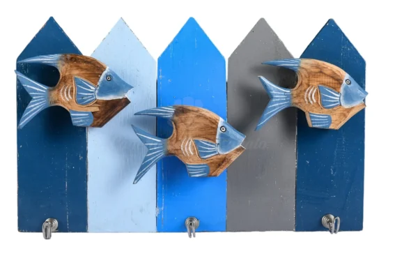 Cabidero Azul com Três Peixes Natural Madeira - 40x25cm