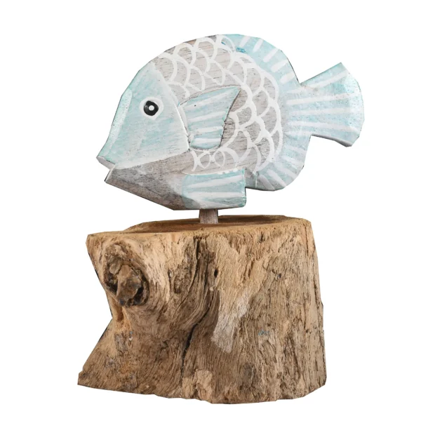 Peixe Azul Claro com Base de Madeira