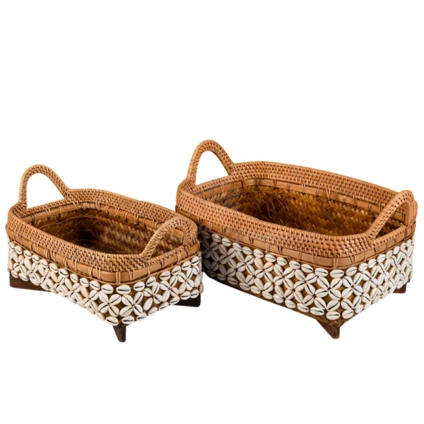 Trio Rattan Retangular Marrom com Buzios - 37x30x24cm