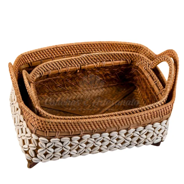 Trio Rattan Retangular Marrom com Buzios - 37x30x24cm - Imagem 2