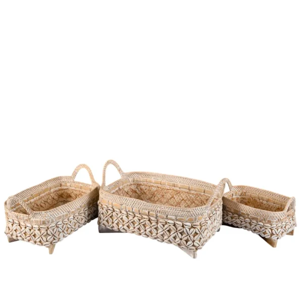 Trio Rattan retangular branco com Buzios - 37x30x24cm