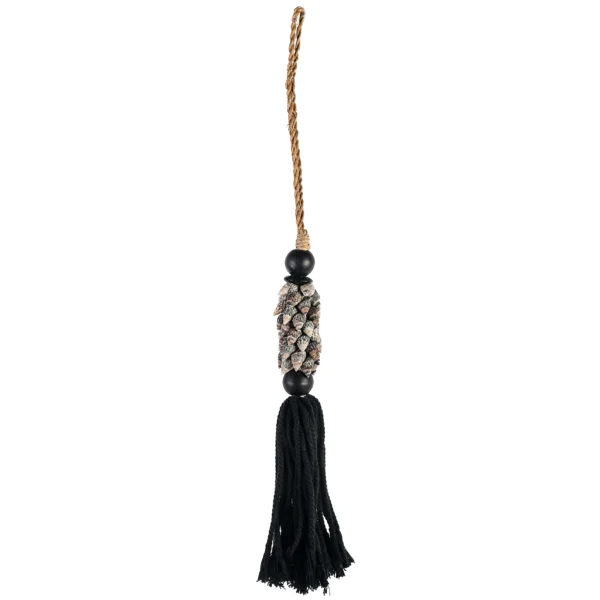 CONTR24 - Tassel de Caramujo Nassa Columbella e Macramê Preto - 40cm