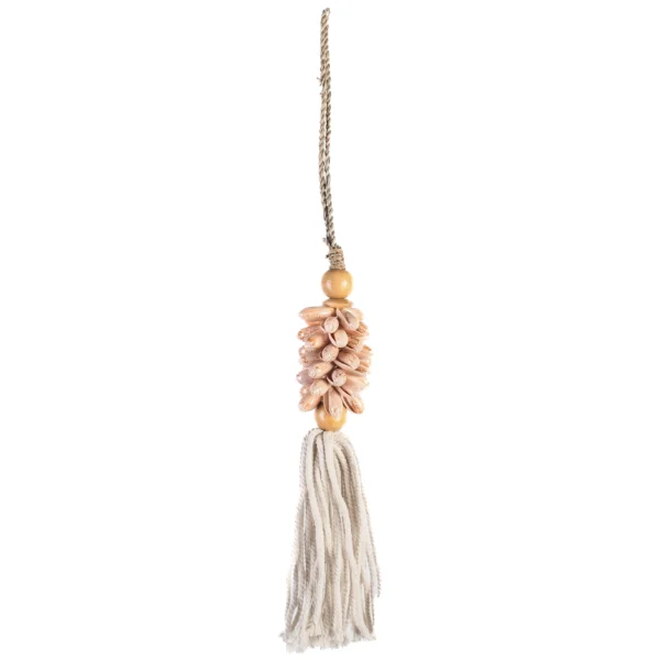 CONTR24 - Tassel de Caramujo Olive Rosa e Macramê Branco - 40cm