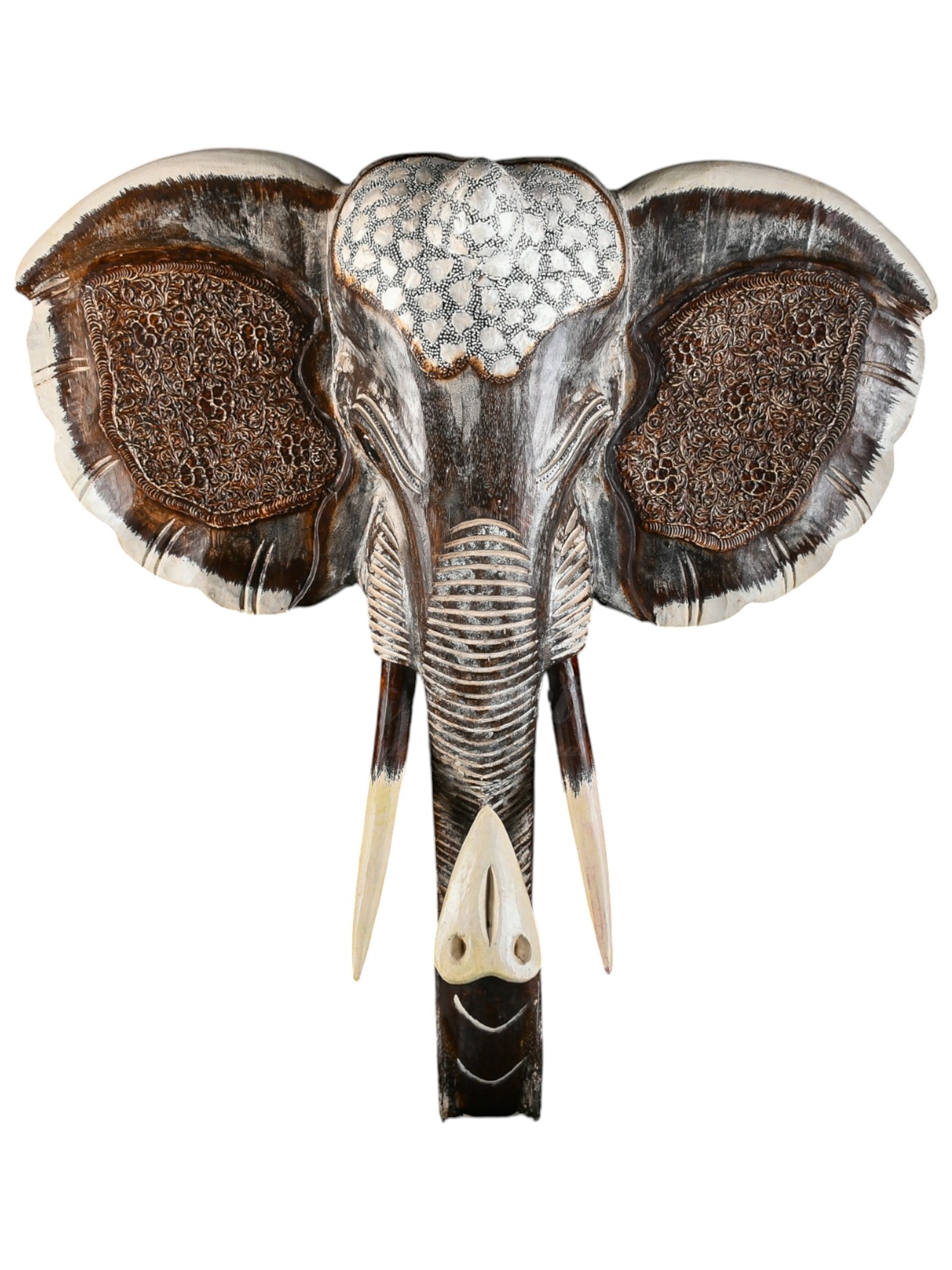 Mascara de Elefante Marrom/Branco em Madeira de Bali - 100cm